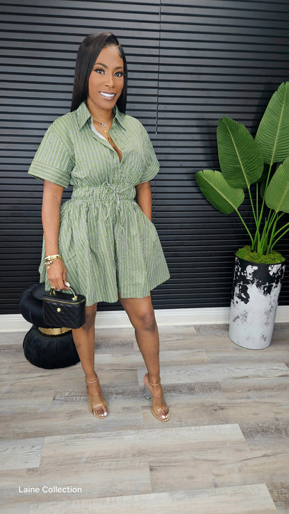 Mini Stripe Shirt Dress - Olive