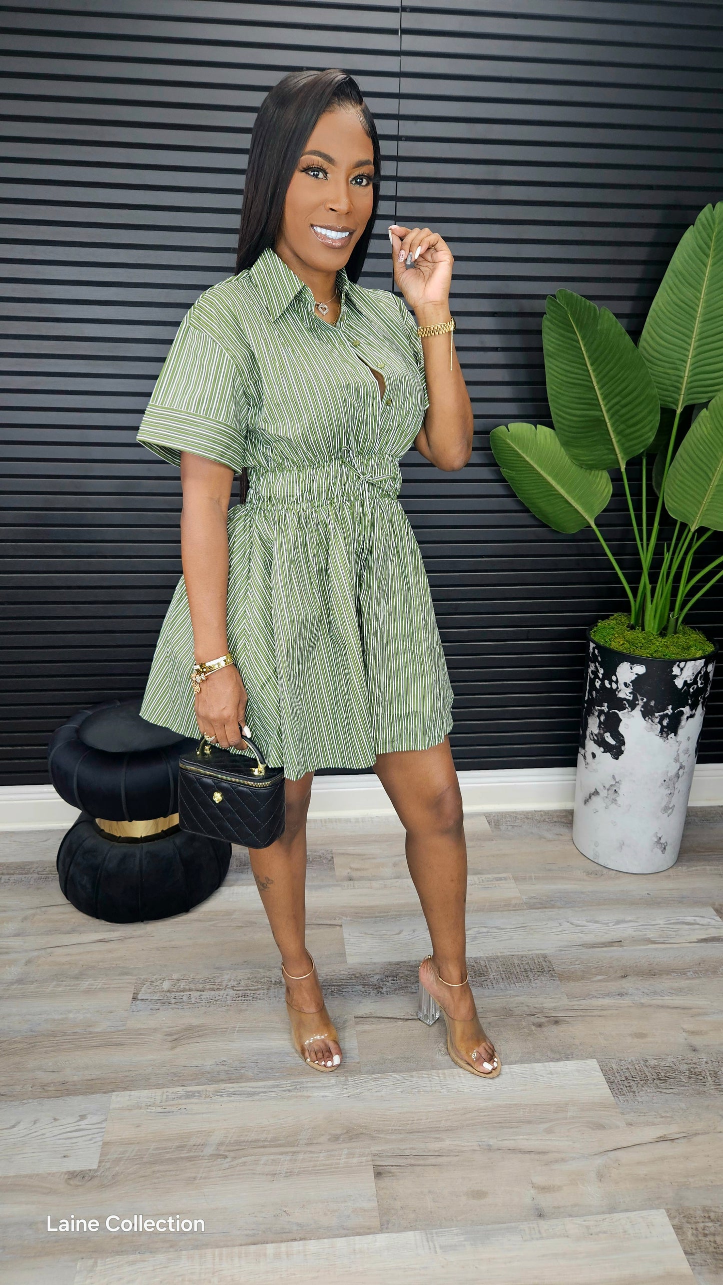 Mini Stripe Shirt Dress - Olive