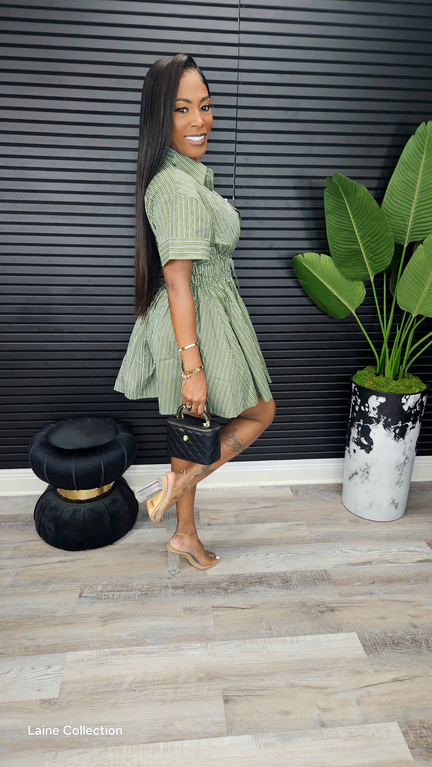 Mini Stripe Shirt Dress - Olive