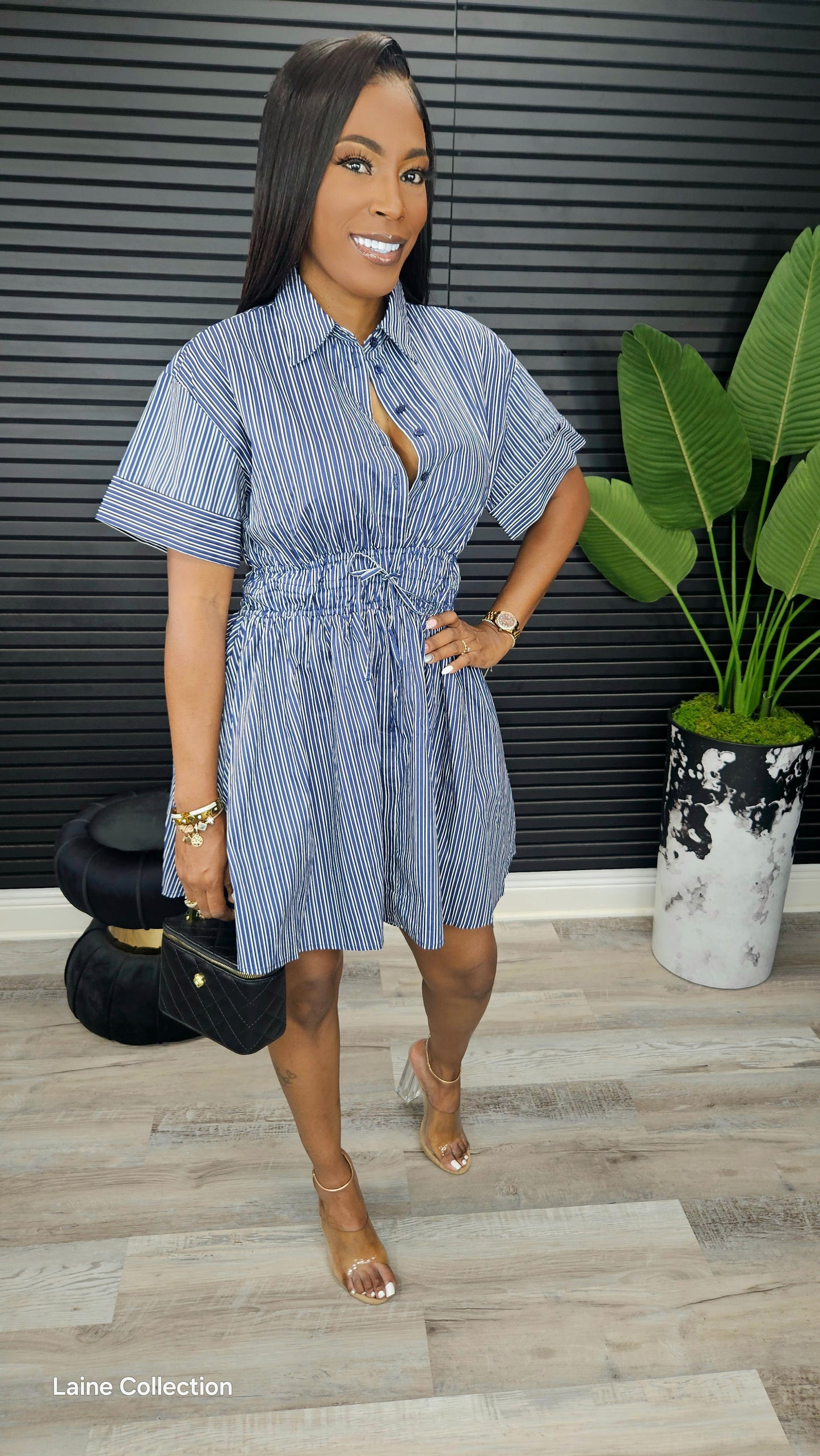 Mini Stripe Shirt Dress - Navy