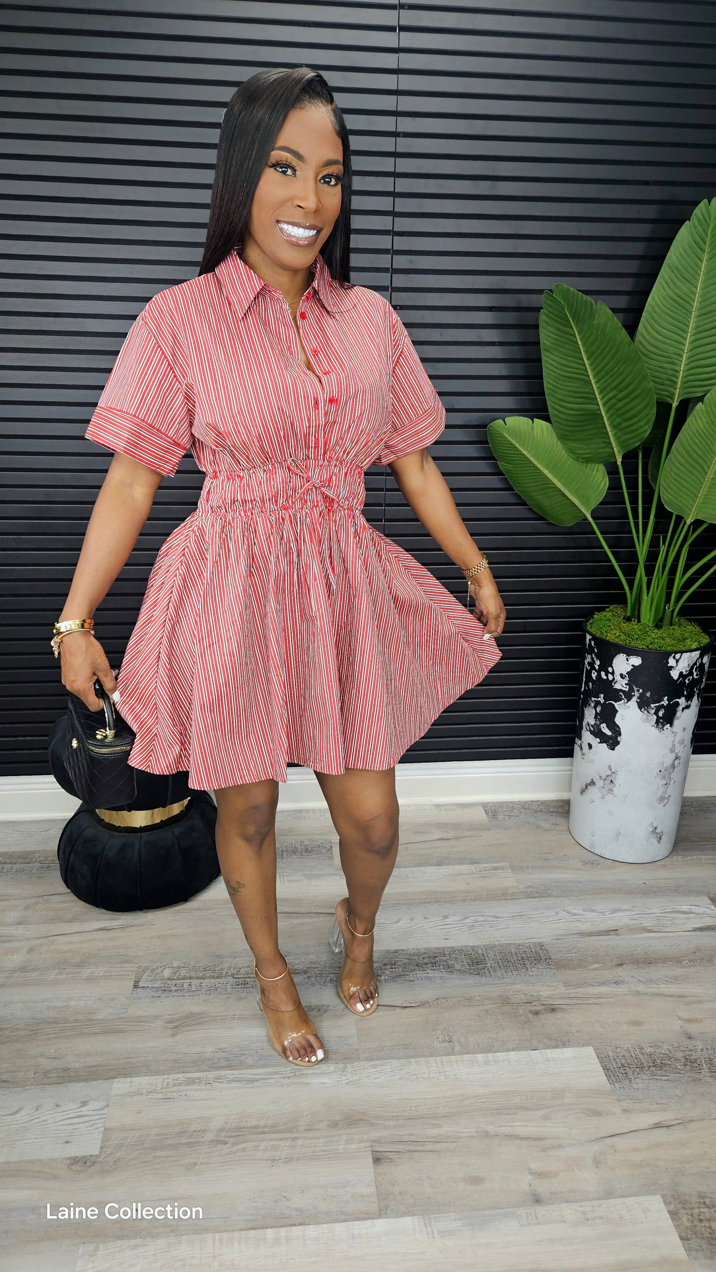 Mini Stripe Shirt Dress - Burgundy - Laine Collection