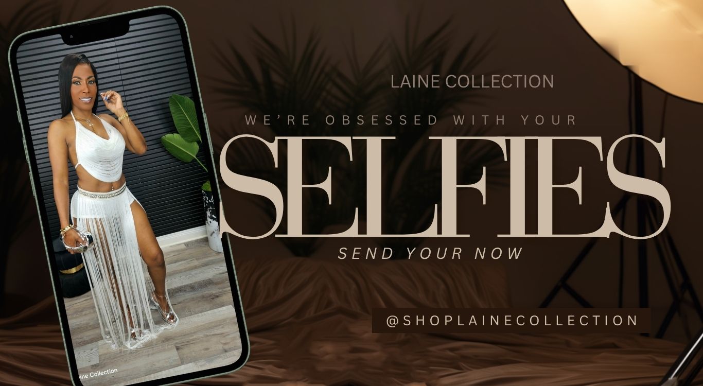 Promotional graphic for a selfie template pack from Laine Collection, featuring a smartphone mockup displaying a woman in a white outfit taking a selfie, set against a dark brown textured background with elegant typography.