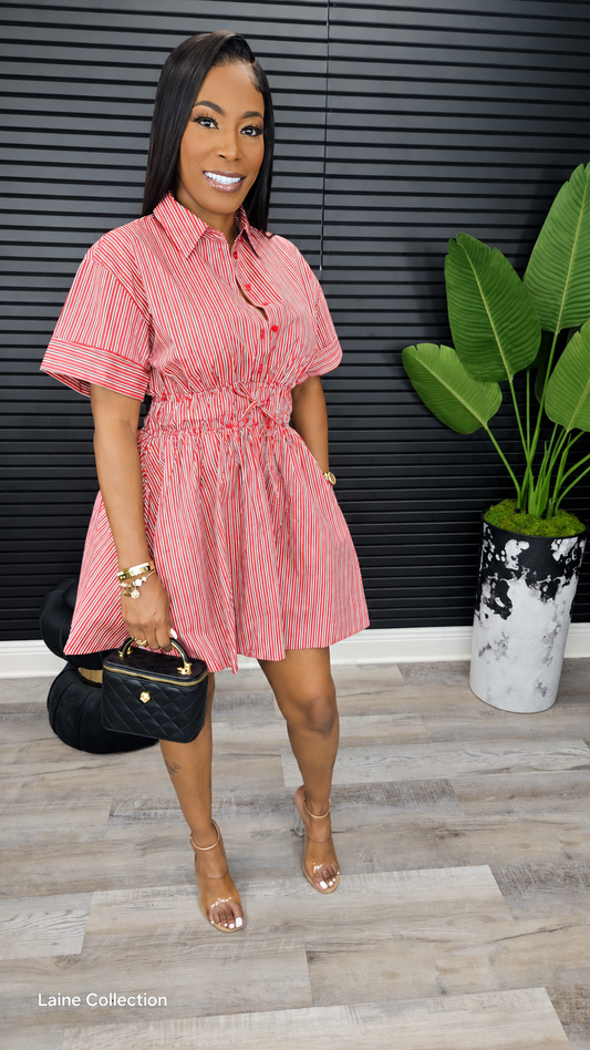 Mini Stripe Shirt Dress - Burgundy