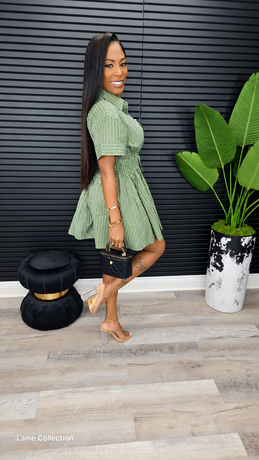 Mini Stripe Shirt Dress - Olive - Laine Collection