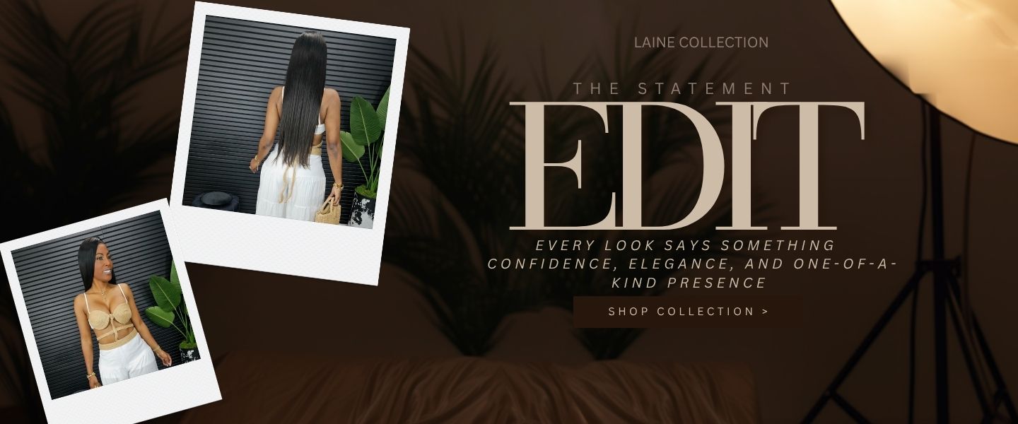 Promotional banner for 'Laine Collection The Statement Edit' featuring two Polaroid-style photos of a woman modeling clothing, set against a dark brown textured background with elegant serif typography.