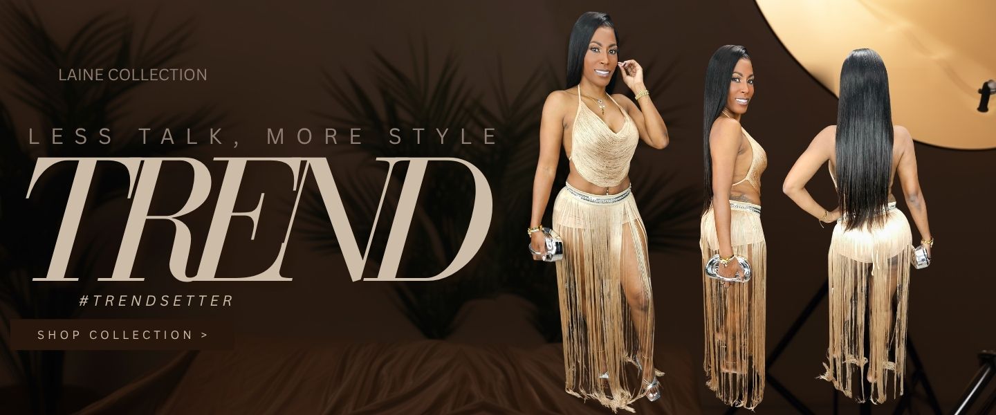 Three views of a model wearing a beige and gold fringed two-piece outfit against a dark brown background with promotional text reading 'Laine Collection' and 'Trend'.