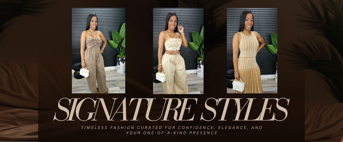 A promotional banner featuring three vertical photos of a woman modeling different elegant dresses, set against a dark brown textured background with the text 'SIGNATURE STYLES' and smaller tagline text below.
