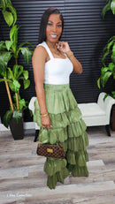 Bubble Hem Tiered Ruffled Organza Pants (Olive)