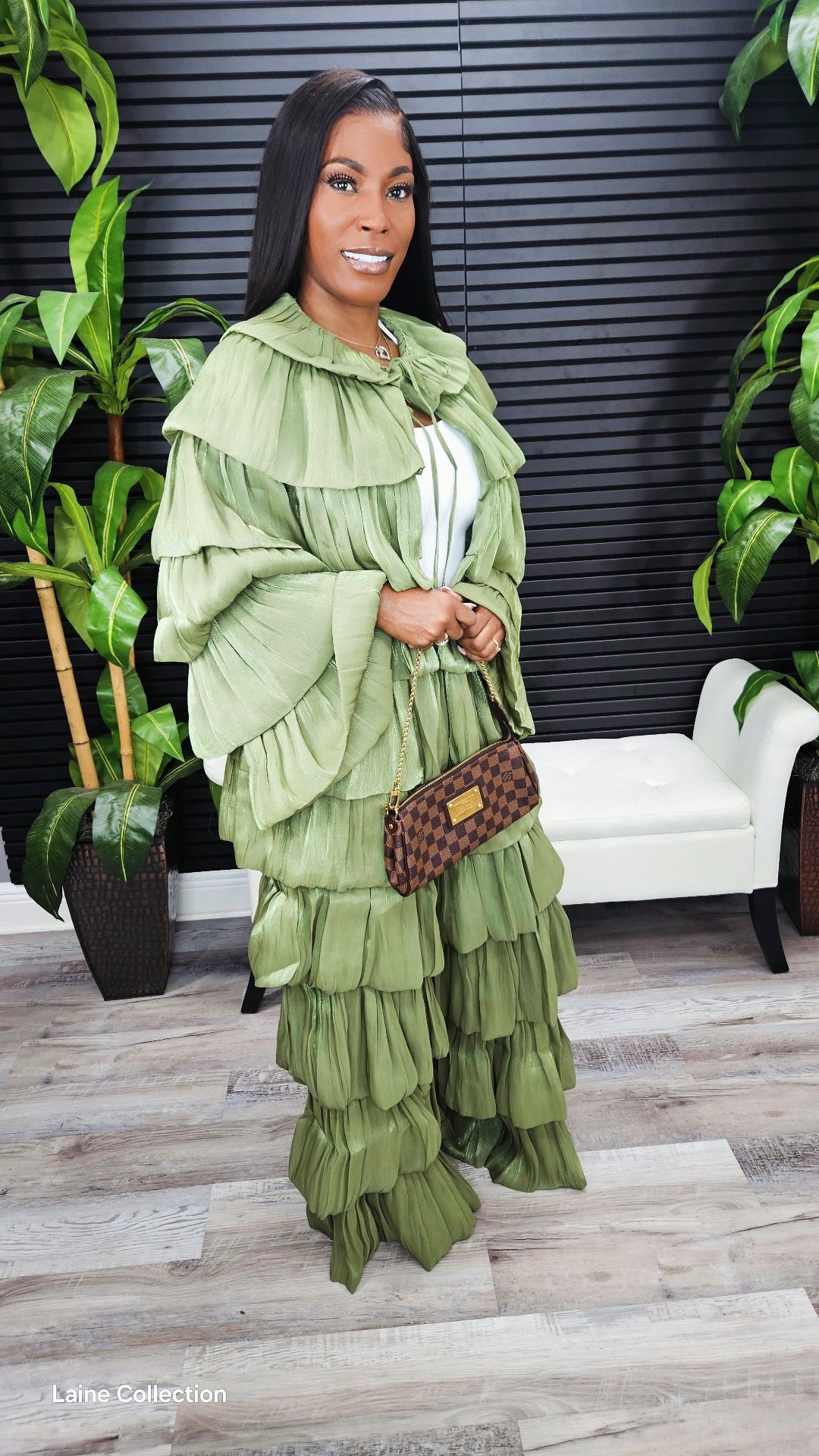 Bubble Hem Tiered Ruffled Organza Jacket (Olive) - Laine Collection