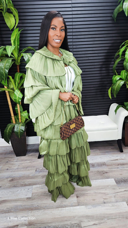 Bubble Hem Tiered Ruffled Organza Jacket (Olive) - Laine Collection