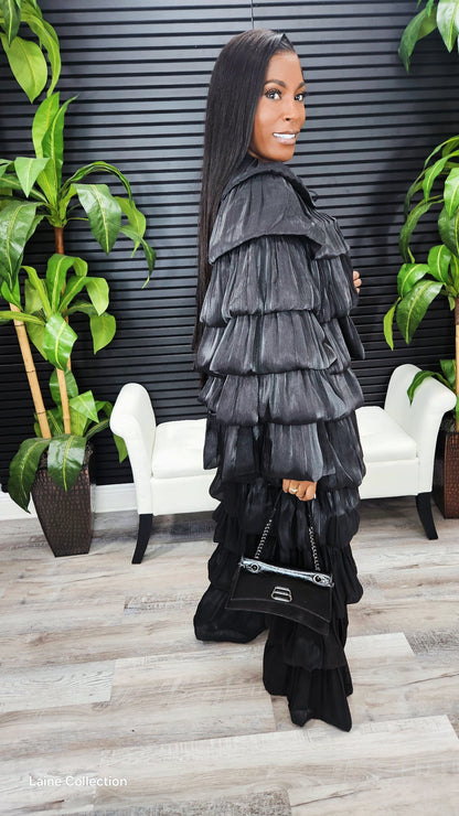 Bubble Hem Tiered Ruffled Organza Jacket (Black) - Laine Collection