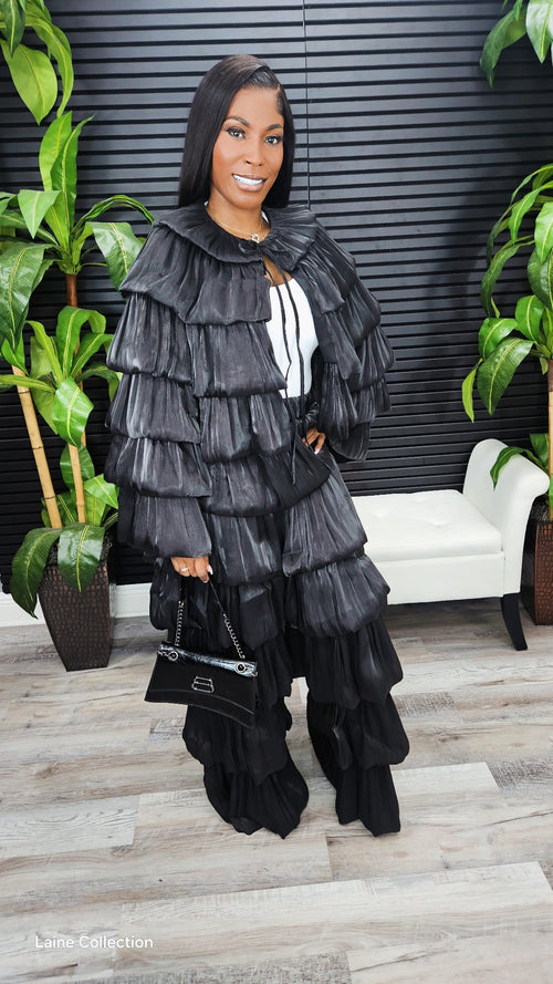 Bubble Hem Tiered Ruffled Organza Jacket (Black)