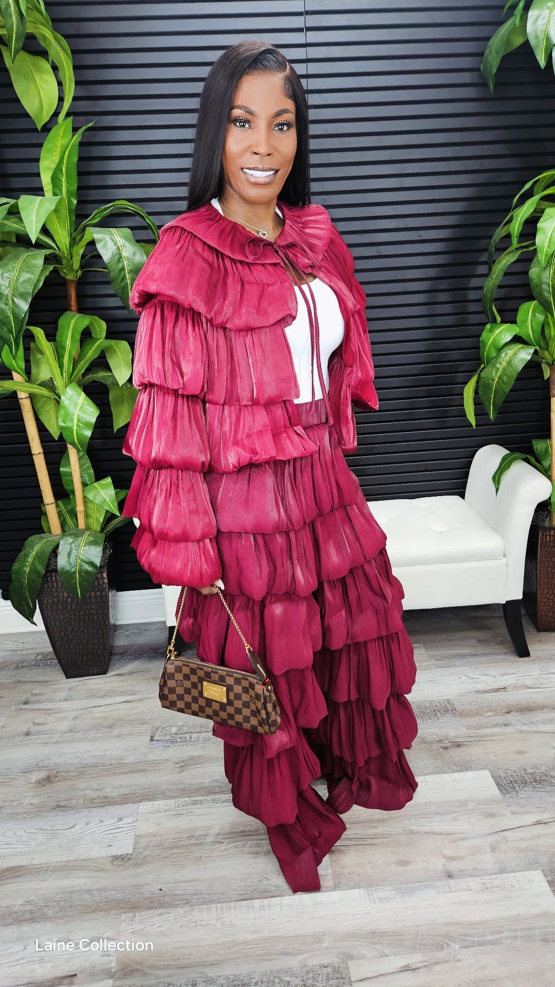 Bubble Hem Tiered Ruffled Organza Jacket (Burgundy) - Laine Collection