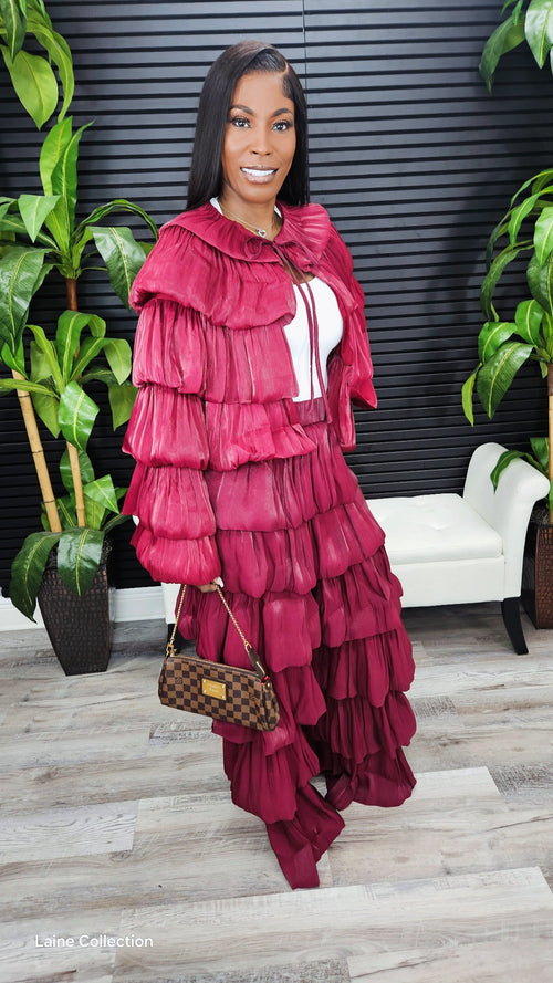 Bubble Hem Tiered Ruffled Organza Jacket (Burgundy)