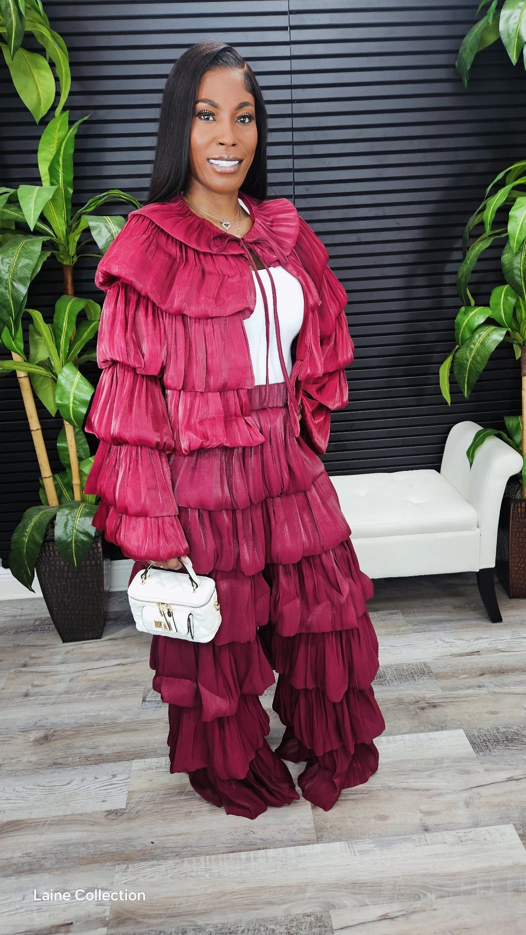 Bubble Hem Tiered Ruffled Organza Jacket (Burgundy) - Laine Collection