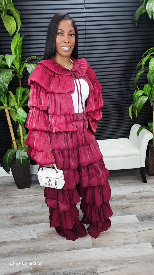 Bubble Hem Tiered Ruffled Organza Jacket (Burgundy) - Laine Collection