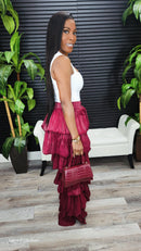 Bubble Hem Tiered Ruffled Organza Pants (Burgundy)