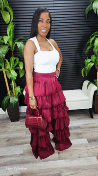 Bubble Hem Tiered Ruffled Organza Pants (Burgundy)