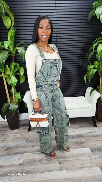 Two Ways Washed Denim Cargo Overall/Pants - Laine Collection
