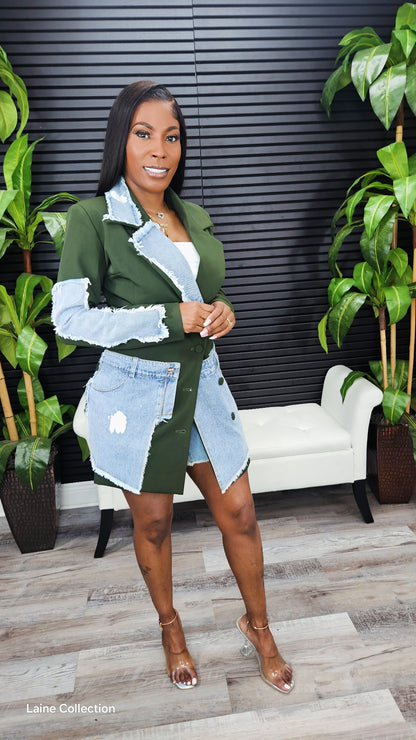 Women Evolve Denim Mix Casual Blazer(Green) - Laine Collection