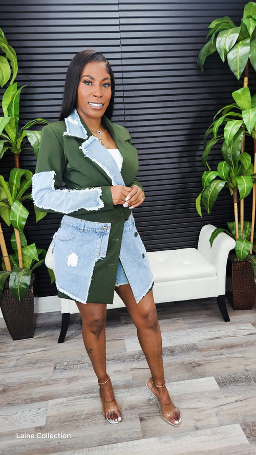 Women Evolve Denim Mix Casual Blazer(Green)