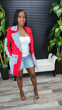 Women Evolve Denim Mix Casual Blazer(Red)