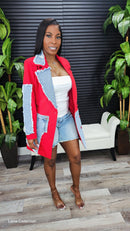 Women Evolve Denim Mix Casual Blazer(Red)