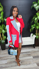 Women Evolve Denim Mix Casual Blazer(Red)