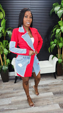 Women Evolve Denim Mix Casual Blazer(Red)