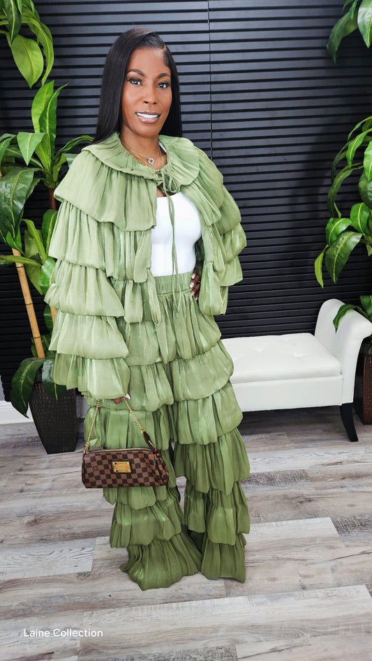 Bubble Hem Tiered Ruffled Organza Jacket (Olive) - Laine Collection