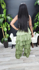 Bubble Hem Tiered Ruffled Organza Pants (Olive)