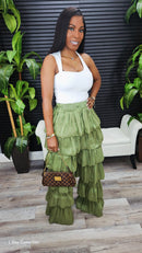Bubble Hem Tiered Ruffled Organza Pants (Olive)