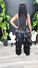 Bubble Hem Tiered Ruffled Organza Pants (Black)